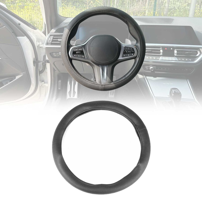 14.5-15.5 Steering Wheel Cover Black Dotted Leather Anti-slip Breathable
