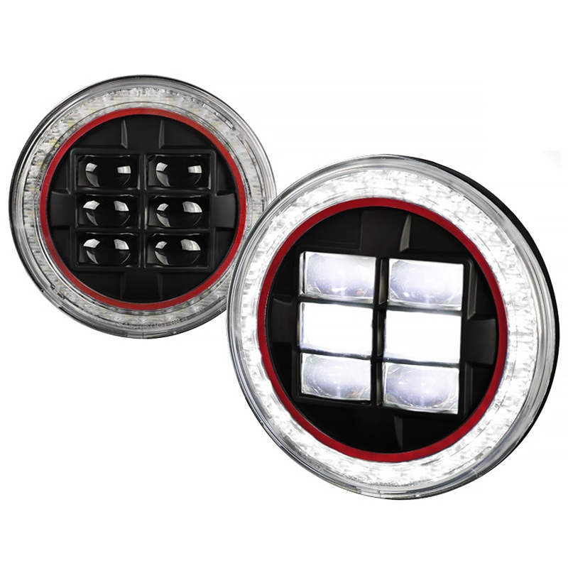 Universal 7 Round Cree LED Red Rim Halo Projector Headlights – 2PC Matt Black