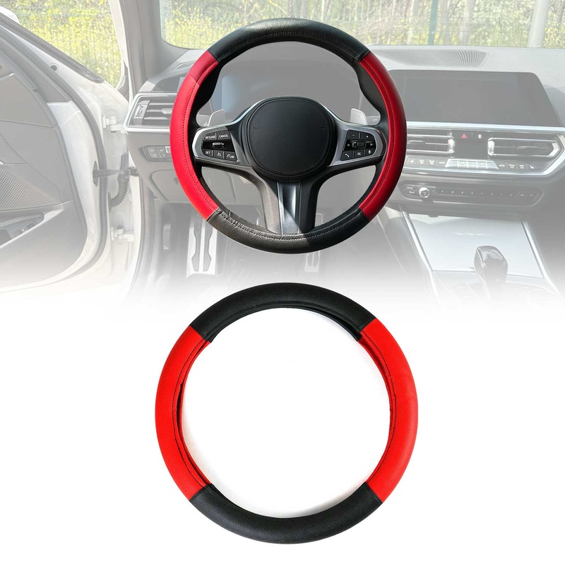14.5-15.5 Steering Wheel Cover Red Black Leather Anti-slip Breathable