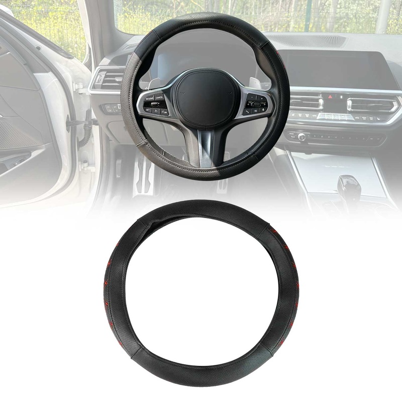 14.5-15.5 Steering Wheel Cover Red Stitches Leather Anti-slip Breathable