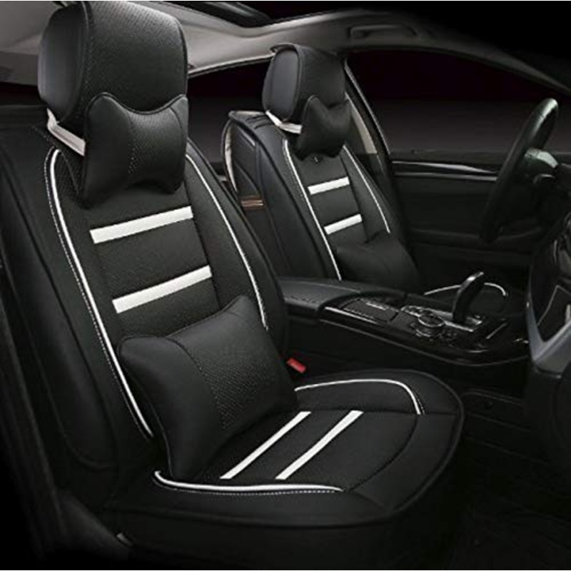 Leatherette Custom Fit Front and Rear Car Seat Covers Compatible with Hyundai Aura, (Black/White)