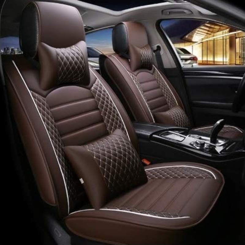 Leatherette Custom Fit Front and Rear Car Seat Covers Compatible with Volkswagen Polo Cross, (Coffee/White)